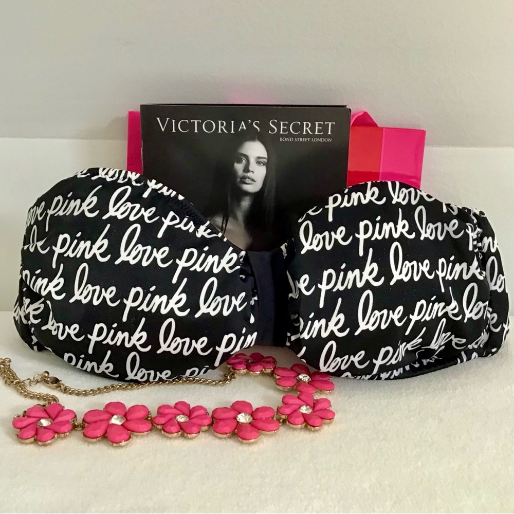PINK Victoria’s Secret Black LOVE PINK Logo Bikini Top Size Small